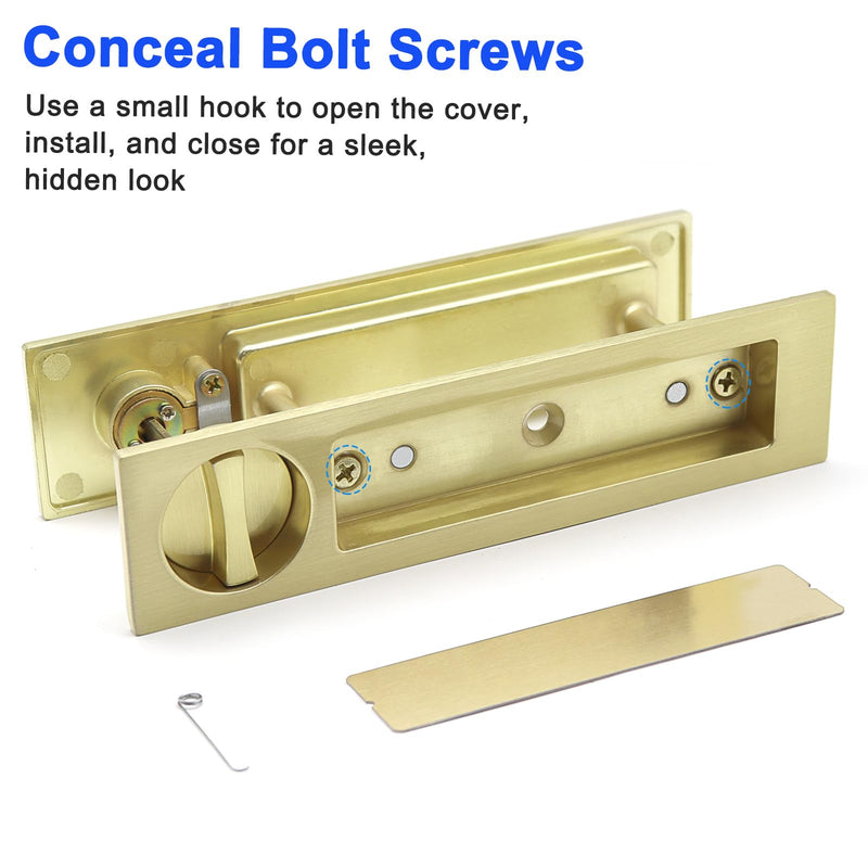 Dontay Pocket Door Handle with Lock and Edge Pull, Narrow Modern Rectangular Keyed Entry Function, Recessed Sliding Door Hardware for 1 3/8” to 2 3/16” Thickness Door (1, Satin Brass)