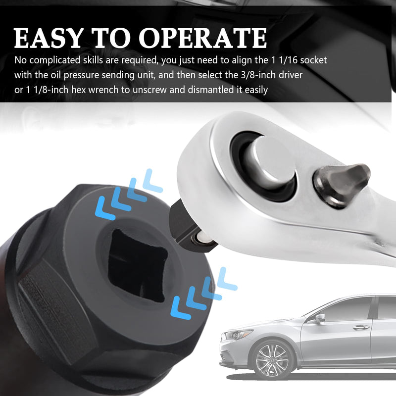 Car Oil Pressure Sensor Socket with 3/8'' Drive,Anti-Rust 1 1/16 Socket for Dismantling Oil Sending Units,Professional 27mm Sockets for Use with 3/8'' Drive or 1 1/8'' Hex Wrench