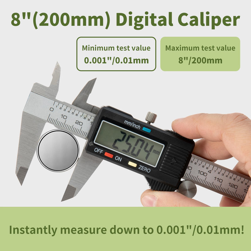 Digital Caliper 0-8" Measuring Tool with Metal Ruler, Micrometer Caliper with Auto-Off Feature, Interchangeable Between inches and millimeters for DIY/Household and 3D Printing, Black 8" Metal ruler Black