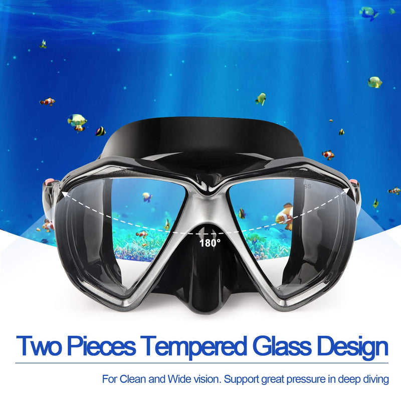 Snorkel Diving Mask Panoramic HD Swim Mask, Anti-Fog Scuba Diving Goggles,Tempered Glass Dive Mask Adult Youth Swim Goggles with Nose Cover for Diving, Snorkeling, Swimming Black 2 Pack