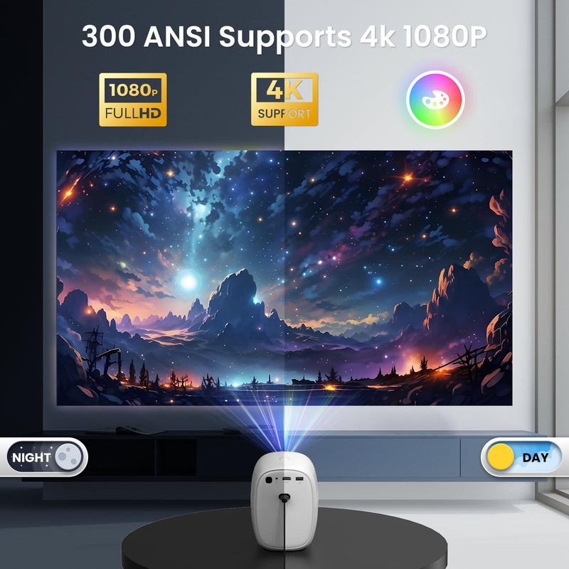 [AI Auto Focus/Built in apps] Mini Projector with WiFi 6 and Bluetooth 5.2 Auto Correction 1080P 4K Support & Android TV OS, Built in High-end speakers, Portable Projector Home Outdoor, White
