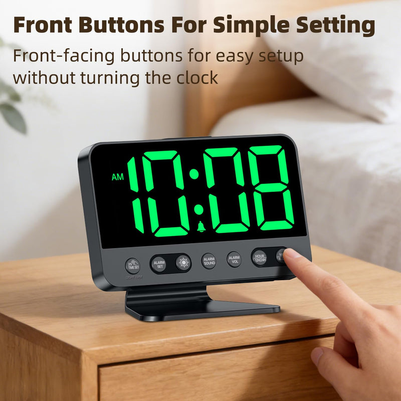 Digital Alarm Clock with Large Numbers for Bedrooms: Bold Display Readable Across The Room with 5 Level Brightness - 5 Alarm Sounds 8 Night Lights for Kids Seniors Teens - Green Black - Green Digits