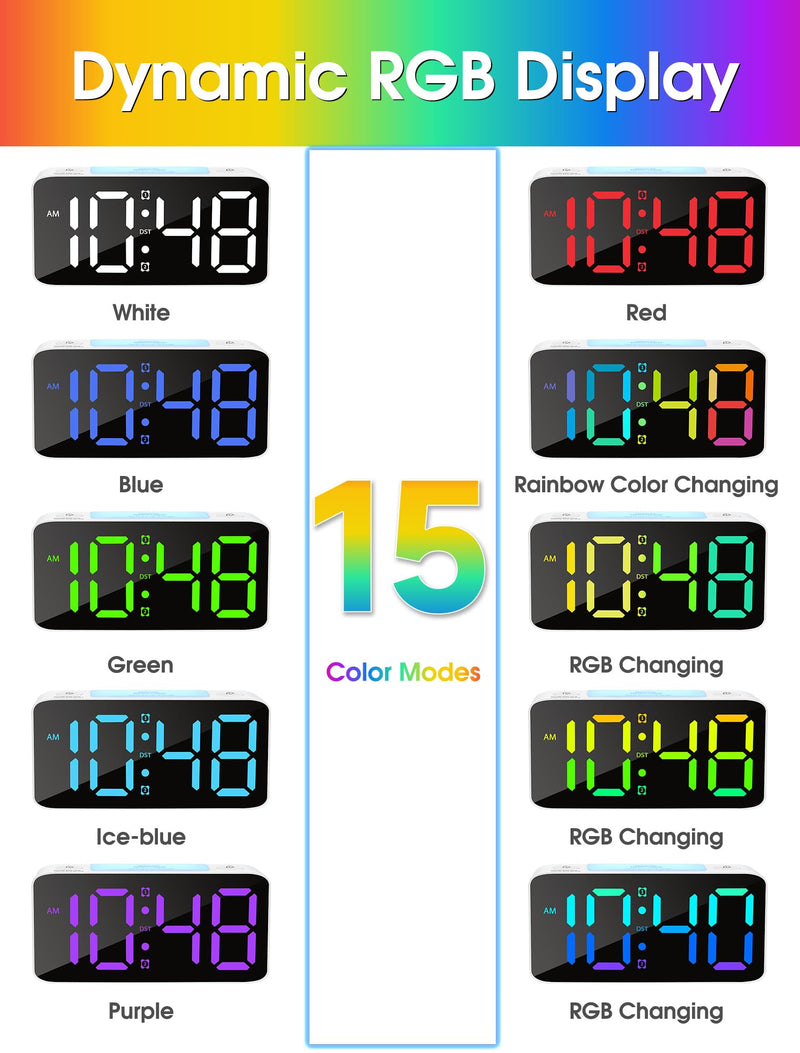 Cadmos Super Loud Alarm Clock for Heavy Sleepers Adults,Digital Clock with 7 Color NightLight,Adjustable Volume,USB Charger,Small Clocks for Bedrooms,Ok to Wake Up for Kids,Teens (White+RGB) White+rgb