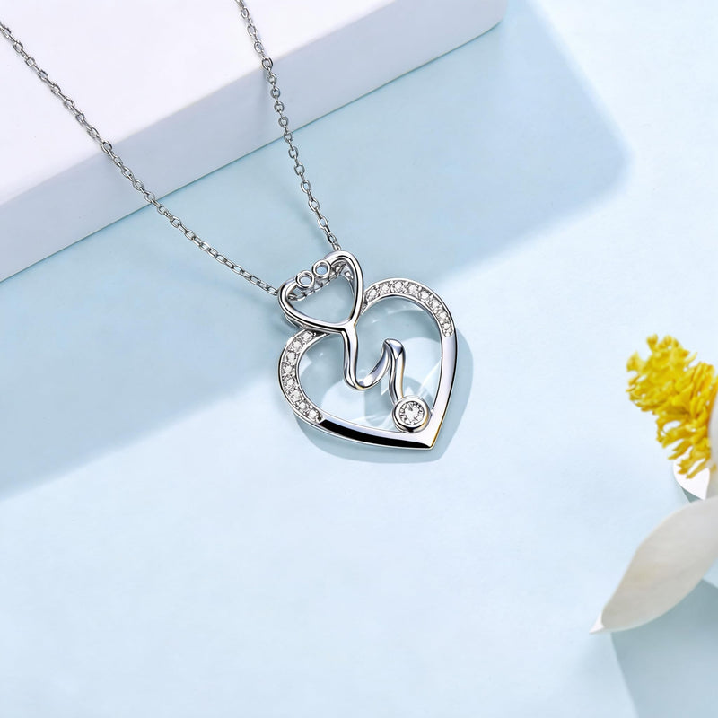 Nurse Gifts Stethoscope Necklace for Women 925 Sterling Silver Stethoscope Pendant Necklaces Nurse Jewelry Gifts for Women