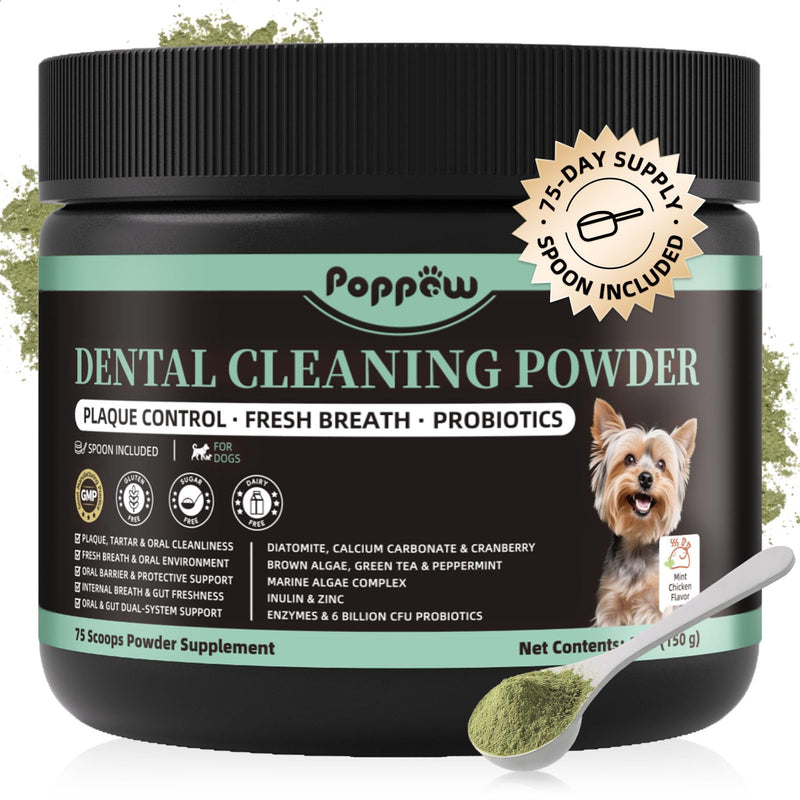 Dog Dental Powder, Teeth Cleaning Powder, Plaque & Tartar Off, Fresh Breath Support, No Brushing Oral Care, Mint Chicken Flavor, 75 Servings Mint-Chicken 75 Servings (Pack of 1)