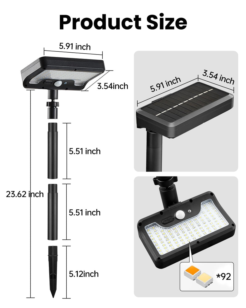 Solar Walkway Lights Outdoor, 92 LEDs Motion Sensor Outdoor Lights,600Lumen Brighter Solar Pathway Light with Adjustable Angle for Garden, Yard, Walkway(Warm White, 2 Pack) Warm White