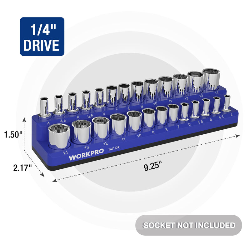 WORKPRO Magnetic Socket Organizer, 1/4-Inch Metric Socket Holder, Socket Trays Holds 26 Pieces Standard Size and Deep Size Sockets(Socket not Included) 1/4" DR, Metric