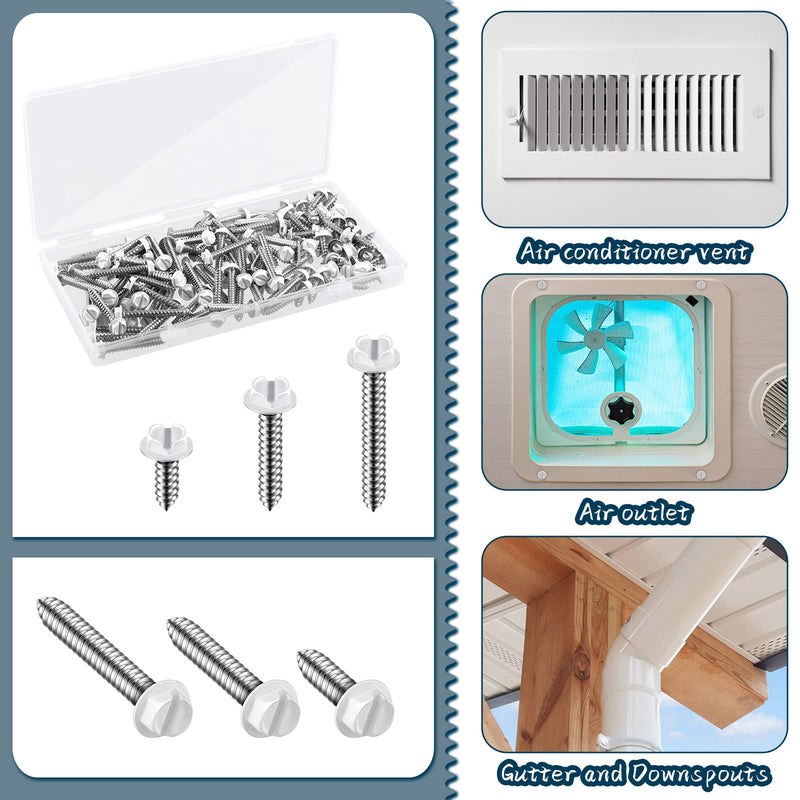 120 Pcs #8 White Gutter Screws White Sheet Metal Screws White Hex Washer Head Screws White Self Tapping Screws White Zip Wood Screws for Gutter and Downspout (1/2 Inch, 1 Inch, 1-1/4 Inch) 1/2 Inch, 1 Inch, 1-1/4 Inch