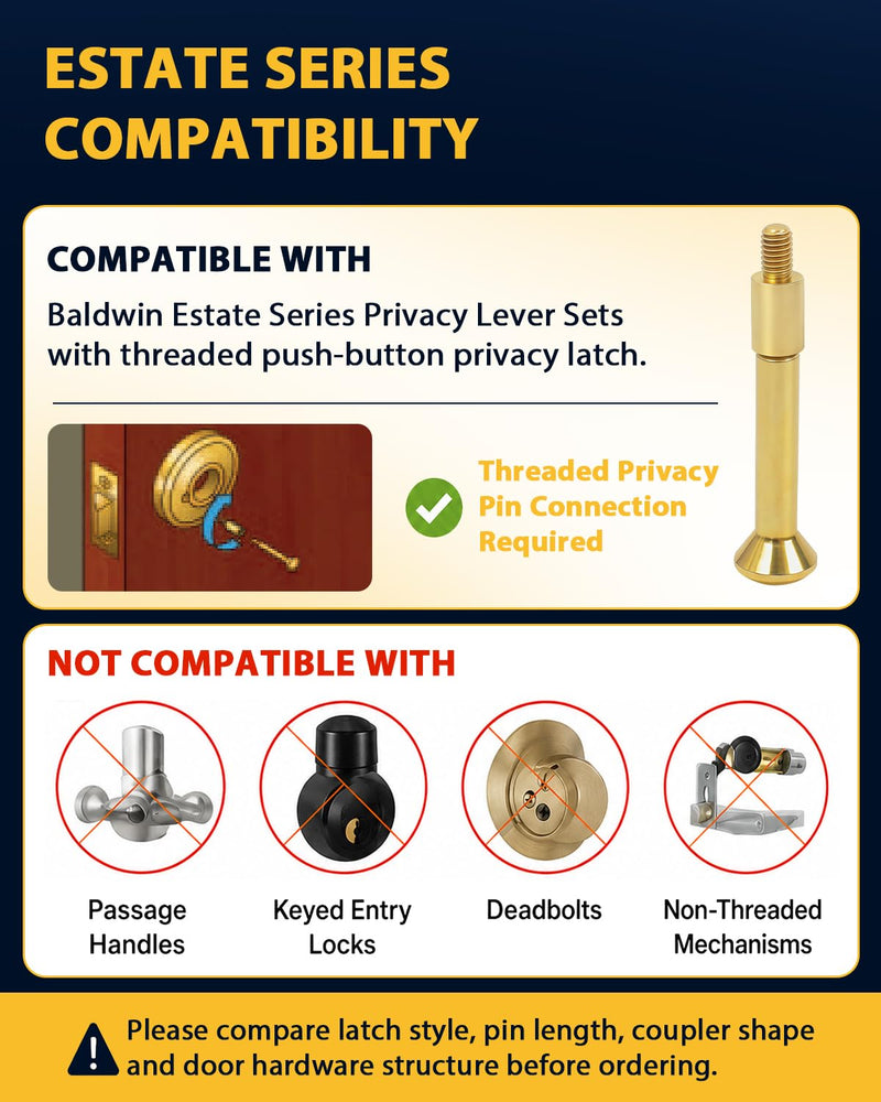 2Pack 5513.0030 Privacy Pin Assembly Compatible with Baldwin Estate Lever Privacy Latches, Solid Brass Push Pin and Threaded Coupler for Bedroom Bathroom Door Handles
