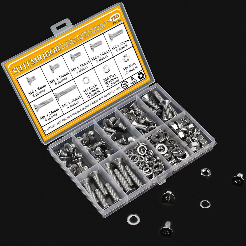 150 Pieces M6 Screws Nuts Washers Set, Sutemribor M6 x 8/10/12/16/20/25/30mm Countersunk Head Socket Cap Screws Nuts Washers Assortment Kit, 304 Stainless Steel, Fully Threaded