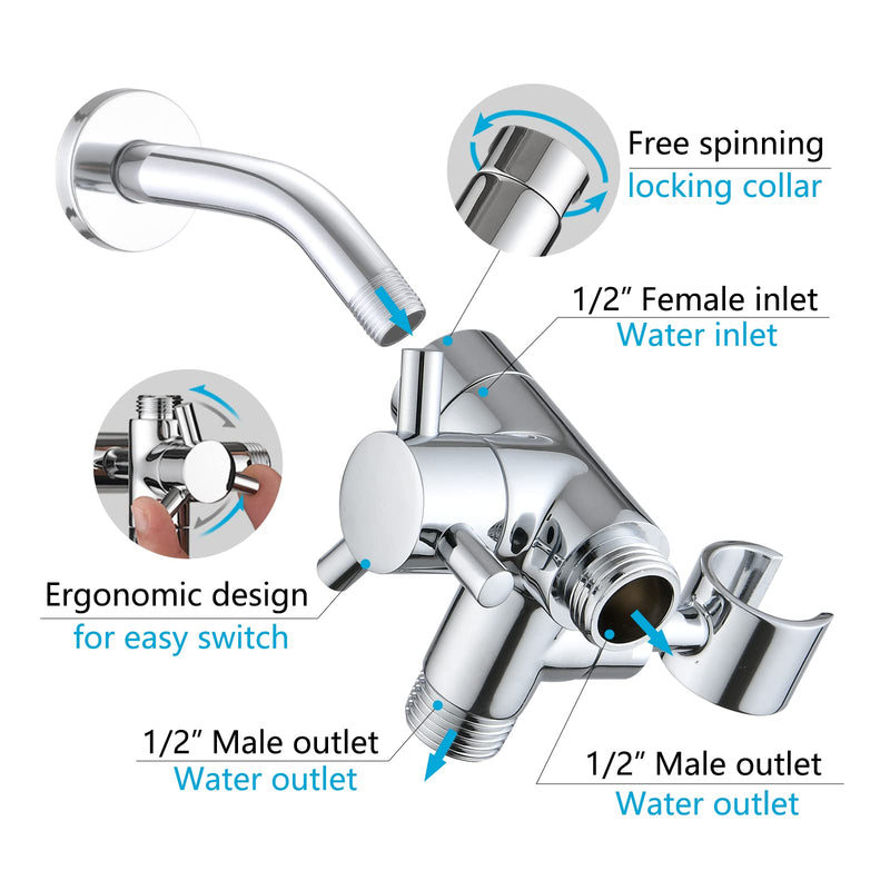 PDPBath Solid Brass 3 Way Shower Arm Diverter Valve with Handheld Holder for Dual Shower Heads with G1/2 Universal Connection - Chrome