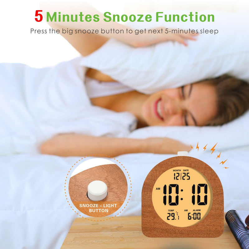 Plumeet Wooden Digital Alarm Clock for Bedrooms, Wood 4'' Battery Powered Alarm Clock with Snooze and Nightlight, Electronic LCD Desk Clock Display Time, Date, Temp, 12/24H, Wood Décor, Round, Sapele Semicircle 4.2''