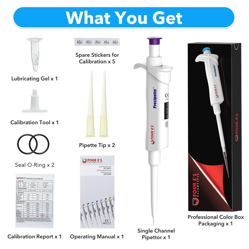 FOUR E'S SCIENTIFIC 2-20μL Pipette, Professional Single-Channel Pipettor Lightweight High Accurate Adjustable Variable Volume Micro Pipette with Calibration Certificate (Model LH0301003) 03 (2-20μL)