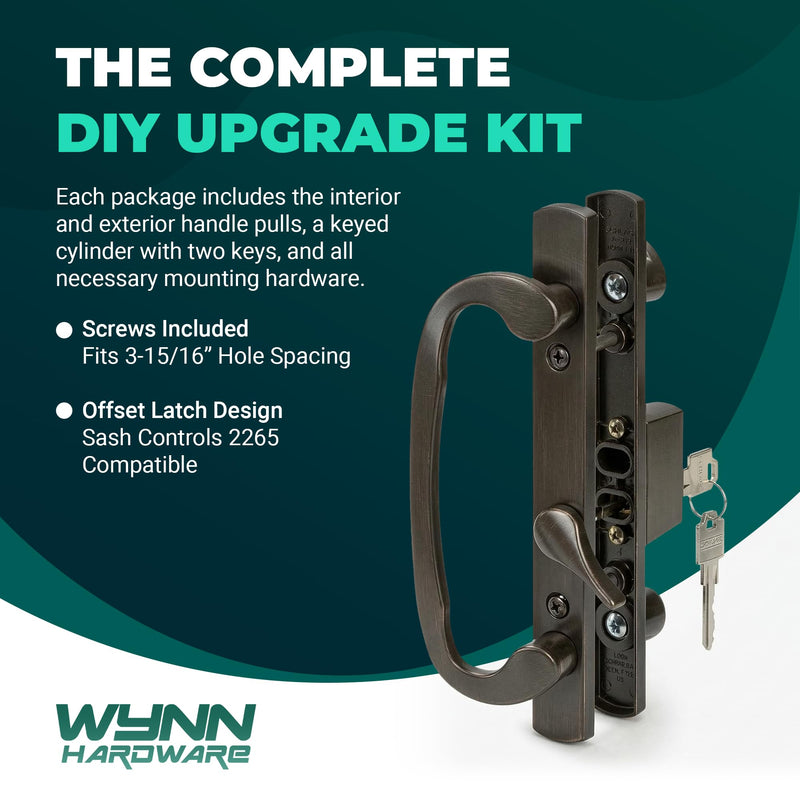 8.5" Legacy Sliding Patio Glass Door Offset Latch Bronze Handle Set with Keys - Sash Controls 2265 Keyed Lock - Fits 3-15/16" Screw Hole Spacing and 1-1/4" to 2-1/4" Door Thickness