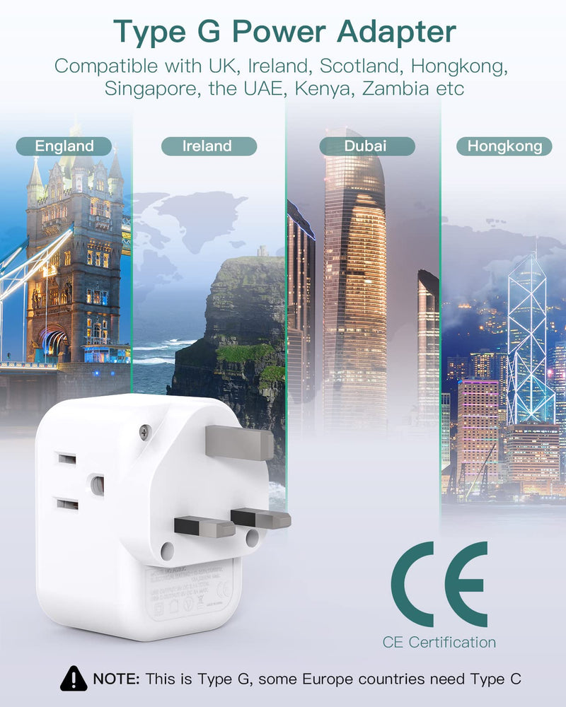 US to UK Ireland Plug Adapter, Addtam Type G Power Adapter with 3 AC Outlets and 3 USB(1 USB C), Travel Essentials for USA to Dubai Scotland British London England Hong Kong Irish Type G UK Ireland - 1 Pack