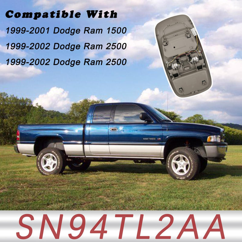 Overhead Console LED Dome Map Light Lamp | for Dodge Ram 1500 1999-2001, Ram 2500 3500 1999-2002 Truck | Replaces SN96TL2AA Interior Cab Lights Storage Assembly (Gray) w/o Display Bezel Gray
