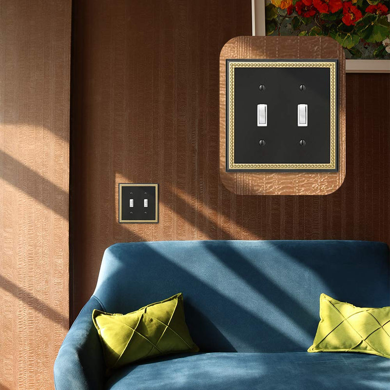 Pearled Frame Decorative Wall Plate Switch Plate Outlet Cover (Double Toggle, Black & Dark Golden) Double Toggle