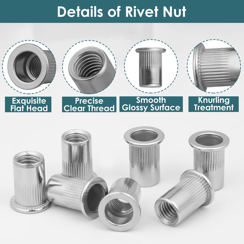 25Pcs M10 Rivet Nuts,Stainless Steel Threaded Rivet,Knurled Nutsert,Flat Head Rivnut,Insert Nut,Metric Rivet,Bright Finish, Fully Machine Thread