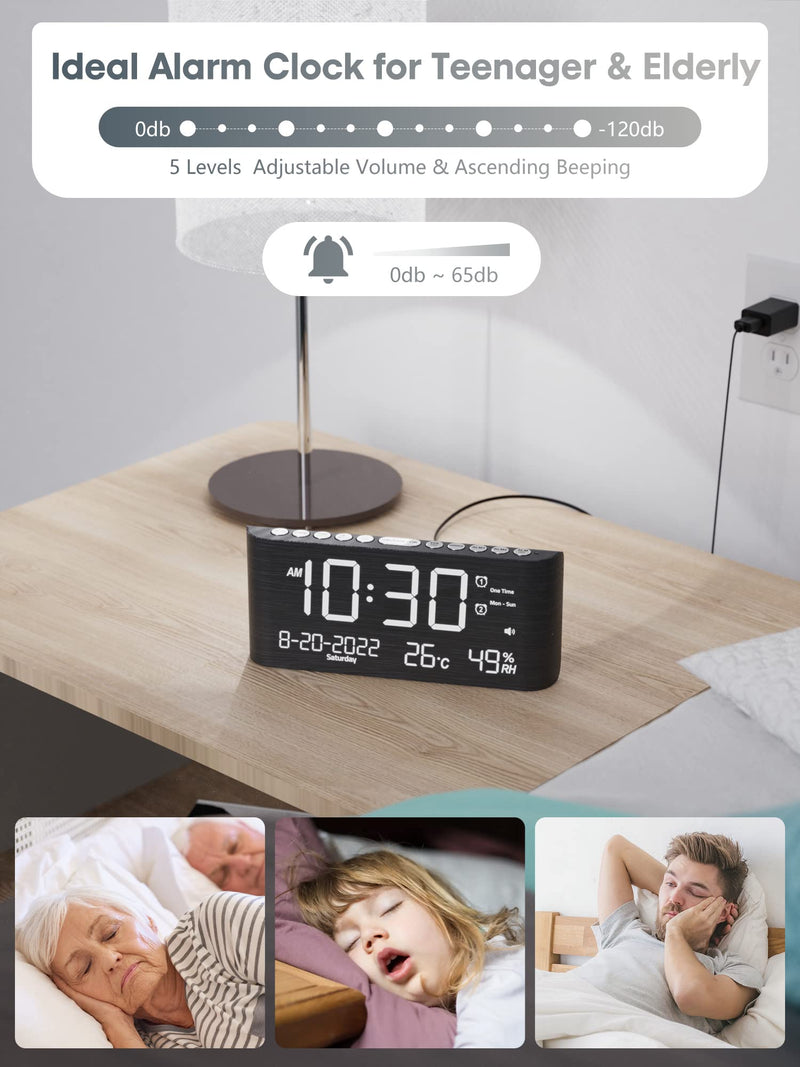 Raynic Alarm Clock, 8.7 Inch Digital Clock, Alarm Clock with USB and Type-C Charger,Dual Alarms,Temperature, Humidity,Date, 5 Adjustable Volume and 5 Dimmer for Bedroom Living Room Office (Grey) Dark Grey