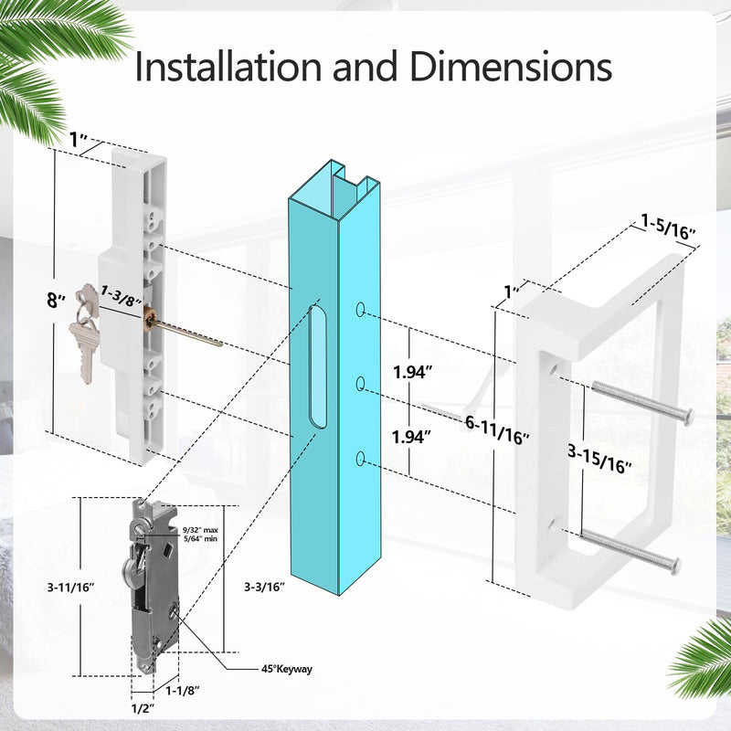 Sliding Patio Door Handle Set with Key Cylinder and Mortise Lock,Sliding Glass Door Handle with Lock Fits Door thicknesse is 1-3/4'' to 2-1/5'' and 3-15/16'' Screw Hole Spacing. Handles With Key Cylinder