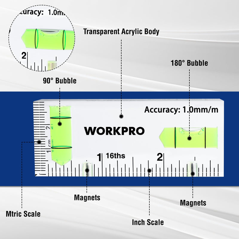 WORKPRO Small Level, 3 Inch Mini Level Tool, Magnetic Level with 2 Different Bubbles 90°/180°, Shatterproof Cross Check Bubble Level, Pocket Level for Picture Hanging Tool