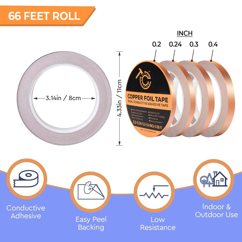 Conductive Pure Copper Tape Double Sided Adhesive Copper Foil Tape for Stained Glass, Guitars, EMI Shielding, Electric Connections, Repairs, Grounding, Crafts (4, 0.2/0.24/0.3/0.4INCH*66FT) 4