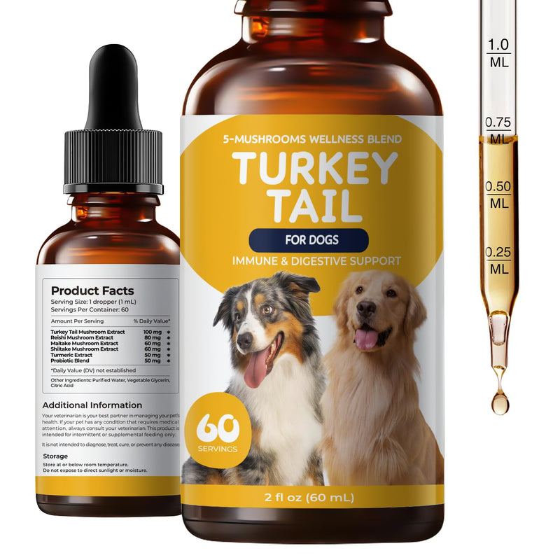 Turkey Tail Mushroom for Dogs - Lipoma Treatment for Dogs & Lumps and Bumps Support - Dog Immune Defense & Digestive Support Liquid Drops - Mushroom Dog Supplements with Probiotic Blend, 60 ml