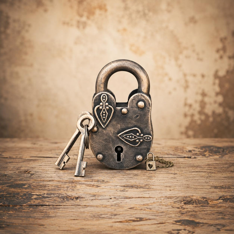 Antique-Style Padlock with Skeleton Keys, 5 inches