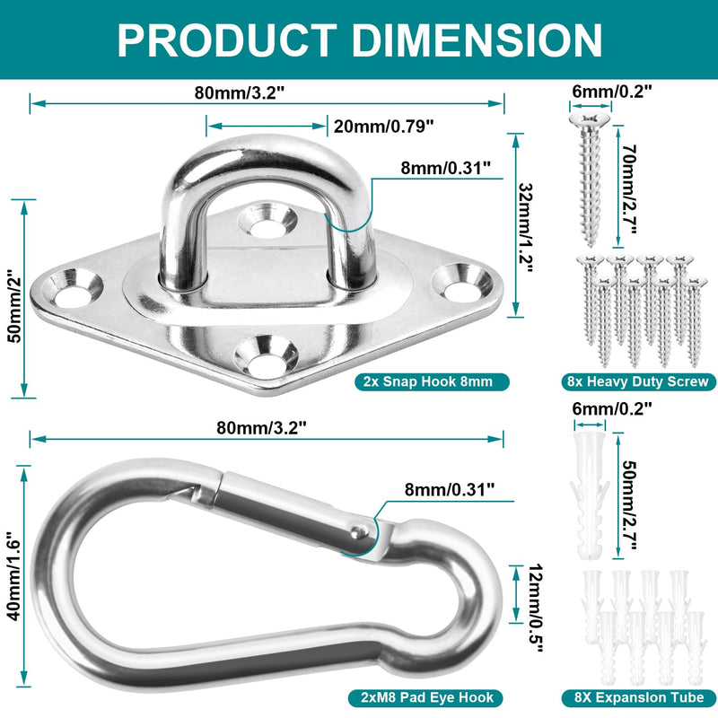 Heavy Duty Hammock Hanging kit - 1000 lb Capacity Swing Hooks, Ceiling Hooks for Wall/Ceiling Mount, Indoor & Outdoor - Stainless Steel (Medium) Medium