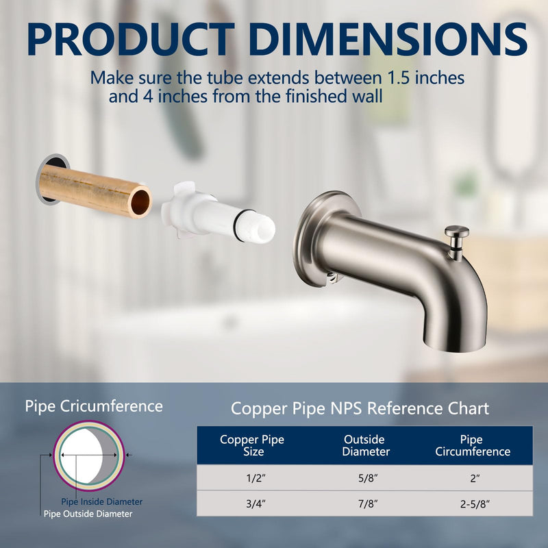 Slip-On Tub Spout with Diverter Long for Bathtub Spout, Fit for 1/2 Inch Slip Pipe, Brushed Nickel