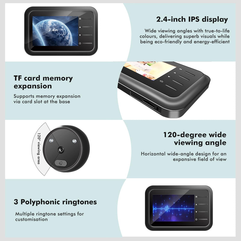 Digital Door Viewer, 2.4in Smart Door Viewer TFT LCD Screen Display 0.3MP 95° Wide Angle Camera Photo Recording, Peephole Camera for 0.59-0.98in Diameter Door Hole