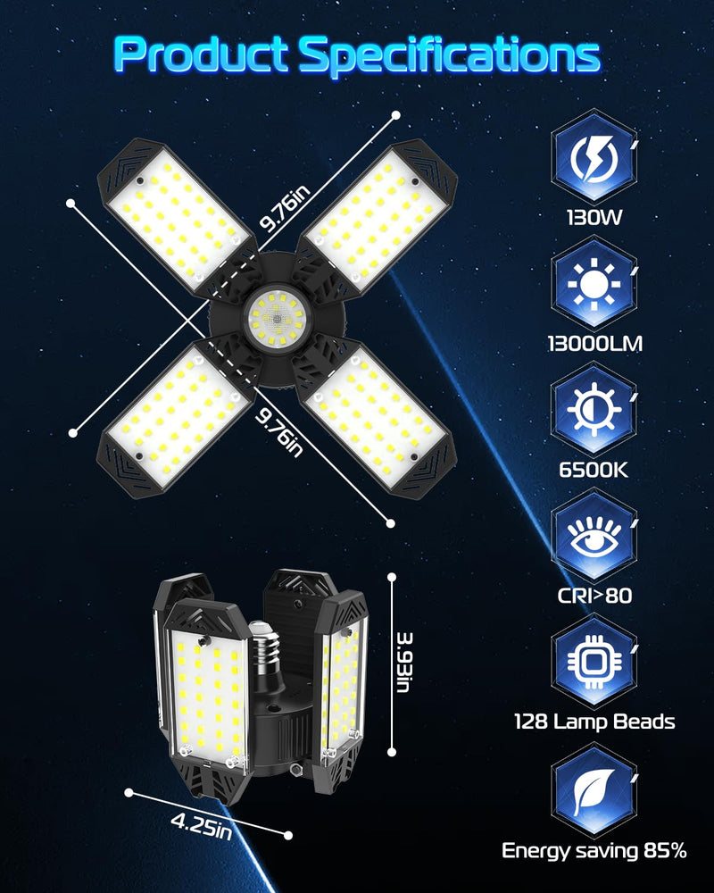 Garage Light - 2PACK 130W 13000LM Deformable 4+1 Panel LED Garage Light with LED Transformer, E26/27 Base, 6500K Daylight White Garage Lights Ceiling LED for Garage, Factory, Warehouse, Storage Room 2