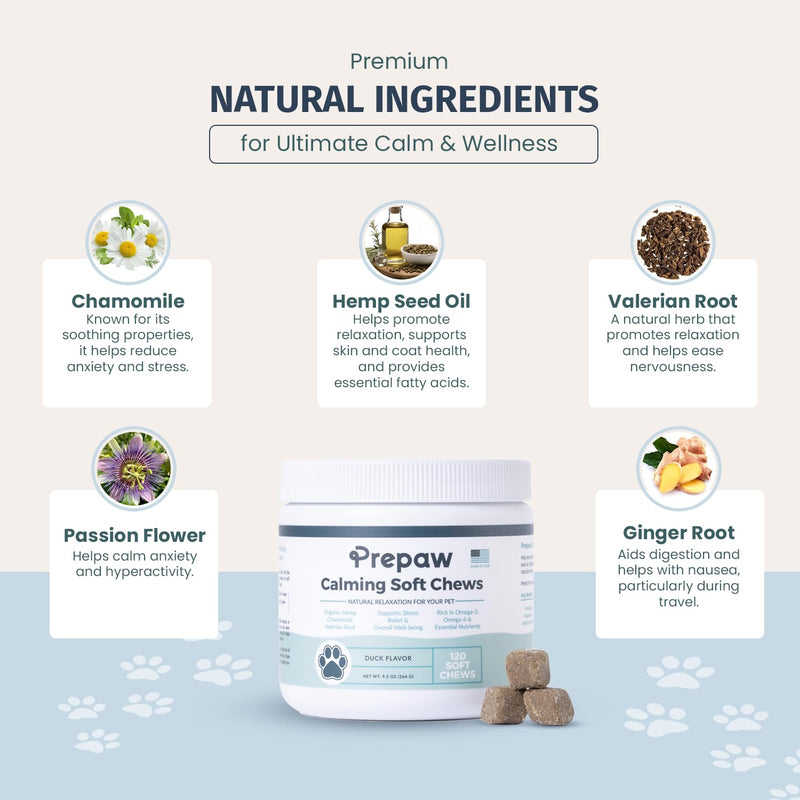 Calming Hemp Soft Chews for Dogs - Natural Calming Treats with Organic Hemp Seed Oil, Chamomile, Valerian Root & Passion Flower - Anxiety & Stress Relief Bites | USA Made, 120 Soft Chews