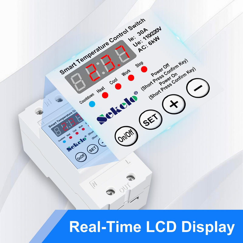 High-Power Temperature Control Switch, Rail-Mounted Digital Thermostat with Real-Time LCD Display for Heating & Cooling, 63A 110/220V, -40°C to 140°C, Ideal for Greenhouses, Aquaculture,Boilers