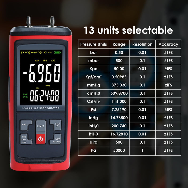 Manometer Data Logger Digital Manometer Gas Pressure Tester with ±200 inH2O Measuring Range, Differential Pressure Gauge 13 Selectable Units Manometer HVAC with Large LCD Screen