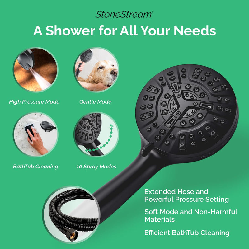 Original StoneStream 10 Mode Black showerhead + Hose + Adapter + Stones Cartridge | Unveil Showering Perfection | Elevate Your Bathroom with Sleek and Stylish Design | 10 Modes, Endless Bliss 4-in-1 Showerhead Kit