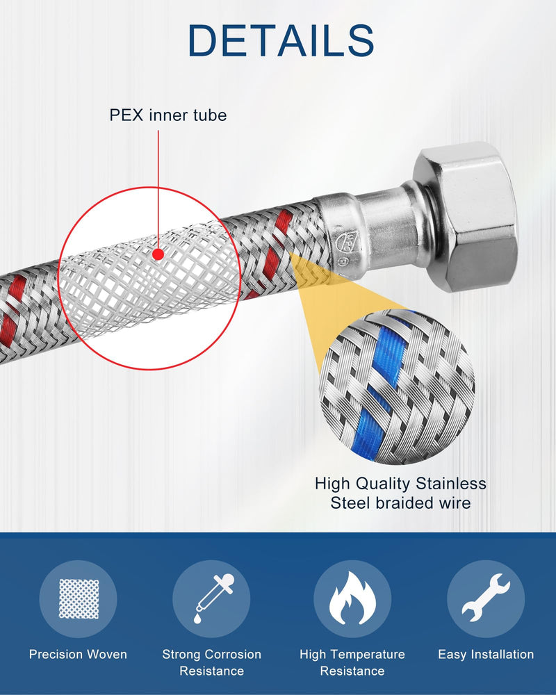 12 Inch Faucet Supply Lines Stainless Steel Braided Supply Hose for Sink Faucet G1/2" FIP x 3/8" Compression Faucet Connector, cUPC Bathroom Water Hose Replacement Parts 2 PCS 12 Inch