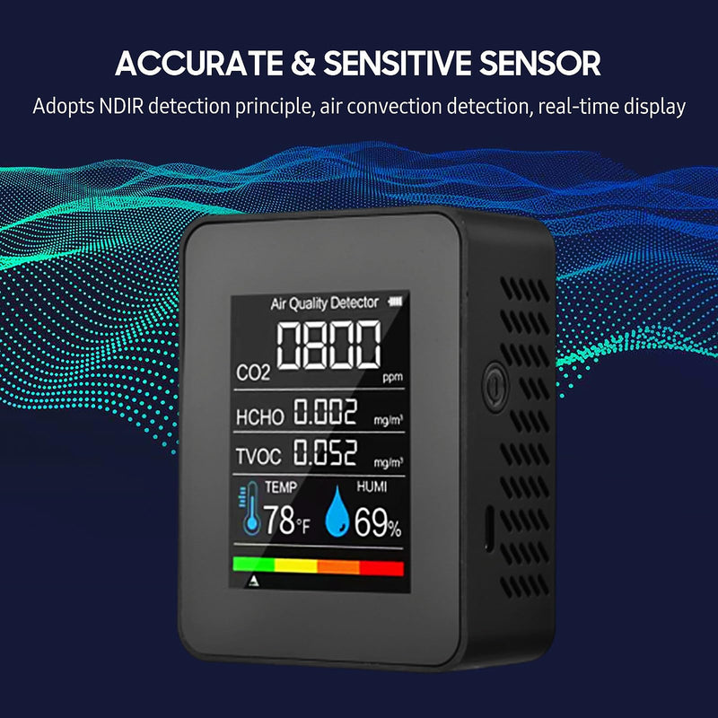 Prefessionall Indoor Air Quality Monitor, 5 in 1 Portable Smartair Quality Tester for CO2 | TVOC | HCHO | Temp | Hum for Home Cars Plants and Pets So On (Black) Black