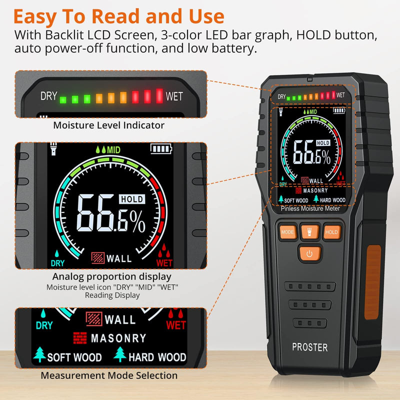 Proster Pinless Wood Moisture Meter - Non Destructive Moisture Tester for Wood Wallboard Masonry, Detect up to 3/4 Inch Below Surface, Backlit Color LCD, Visual Audible Alarm BLACK