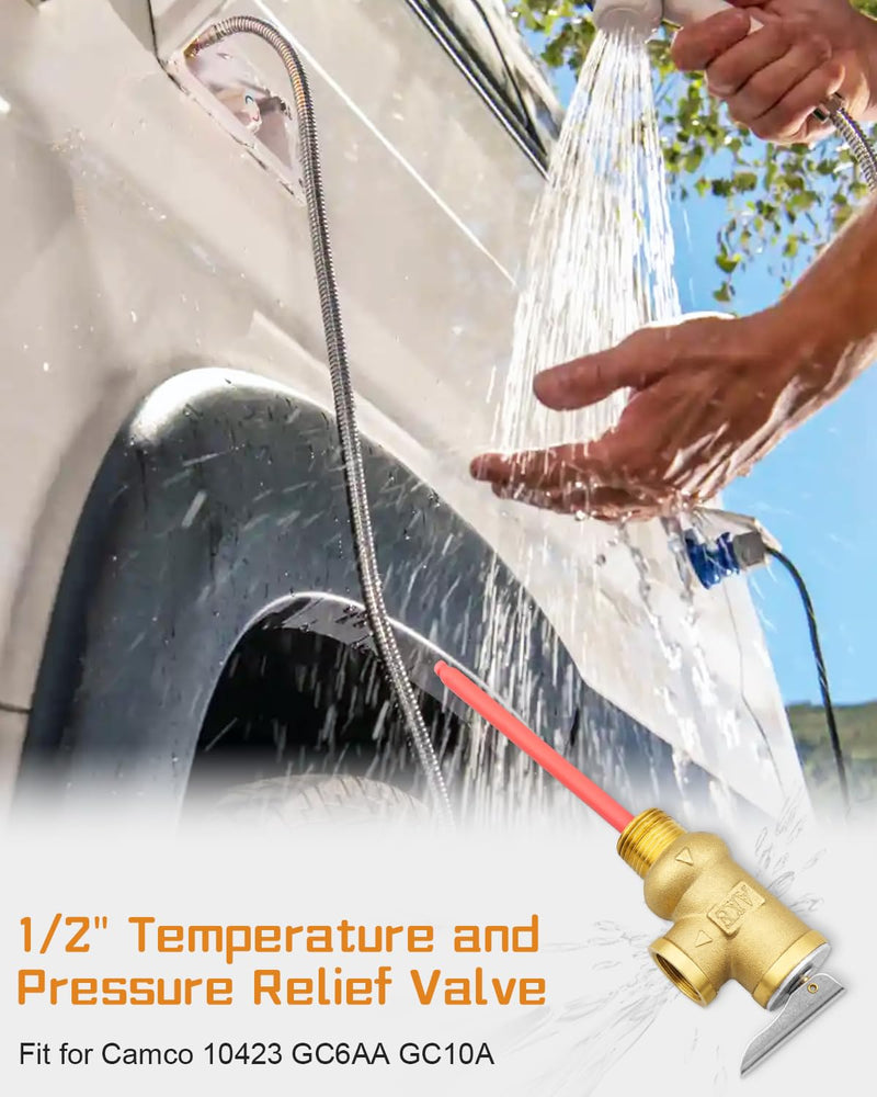 𝗨𝗽𝗴𝗿𝗮𝗱𝗲𝗱 91604 1/2 Inch Relief Valve, Temperature and Pressure Relief Valve Replace for Camco 10423, RV Electric Water Heaters Valve with 4.5" Epoxy-Coated Probe 150PSI 1/2" NPT Connection