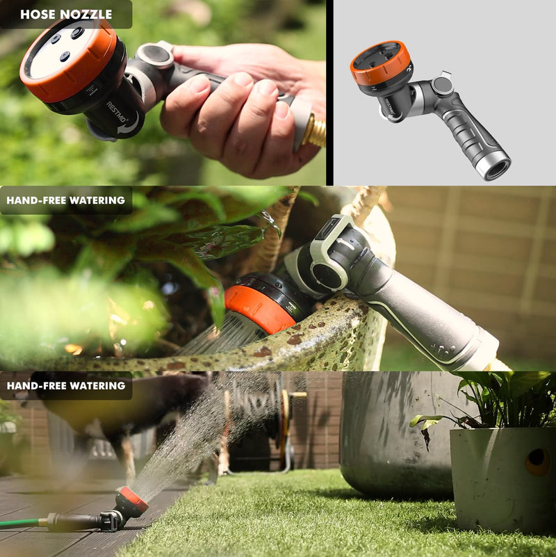 RESTMO Multi-Angle Garden Hose Nozzle with Sprinkler Function, Heavy Duty Water Hose Nozzle with 4 Spray Patterns, Magic Twist and Thumb Flow Control for Garden Watering, Car Washing & Yard, Orange 1