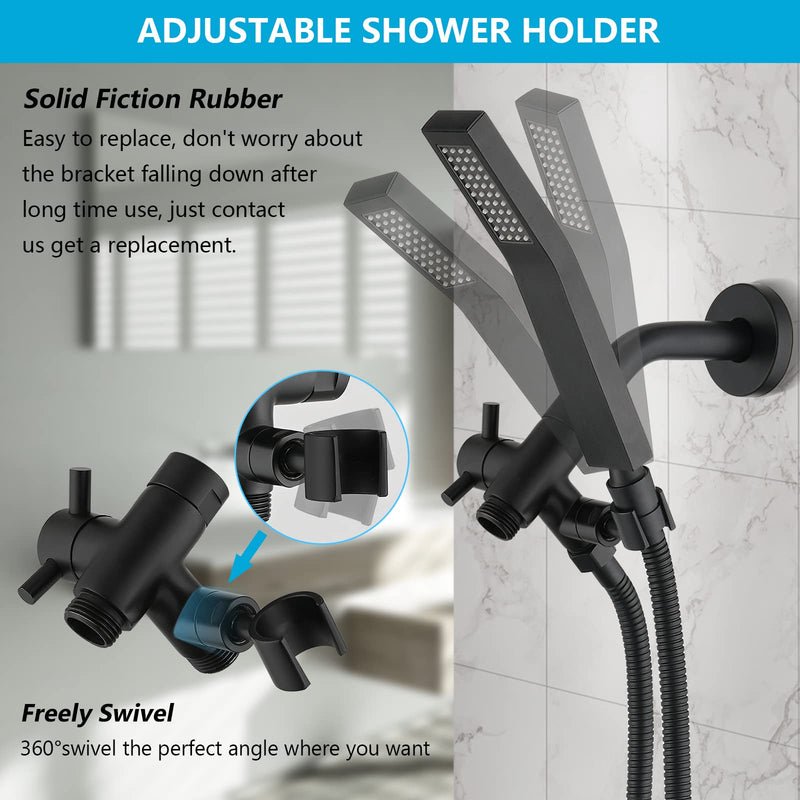 PDPBath Solid Brass 3 Way Shower Arm Diverter Valve with Handheld Holder for Dual Shower Heads with G1/2 Universal Connection - Matte Black