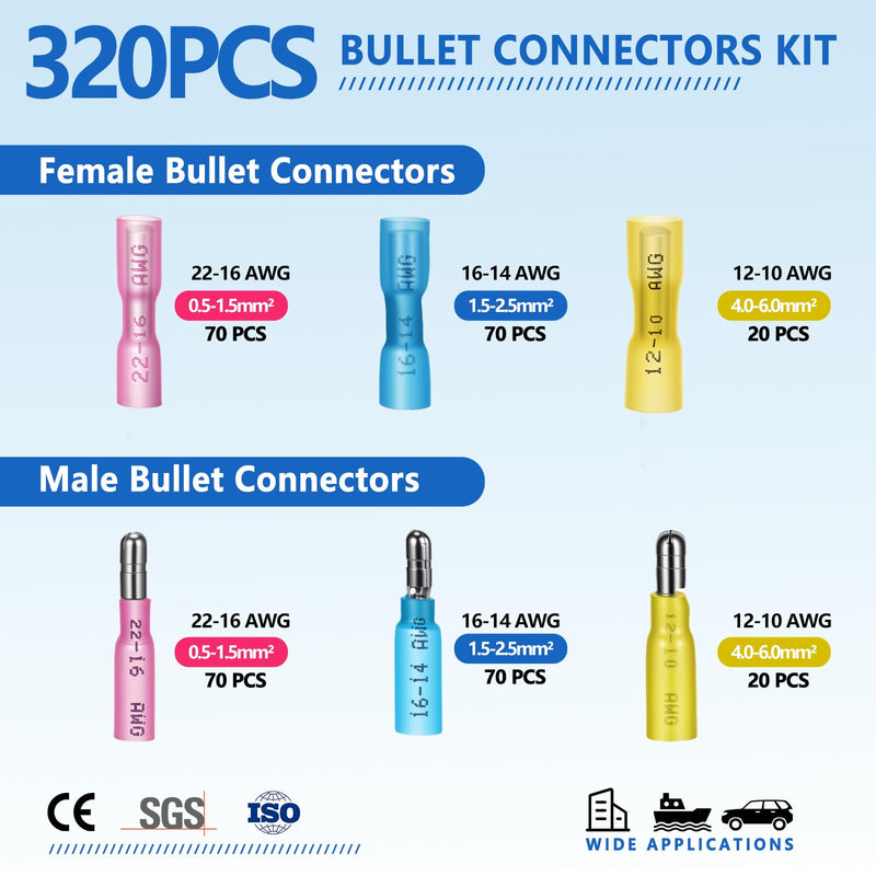 320PCS Heat Shrink Bullet Connectors with Ratcheting Wire Crimper, Male and Female Bullet Wire Connectors, Insulated Waterproof Marine Grade Electrical Connectors for Automotive Boat for Wiring 320PCS Bullet Connectors with Crimper