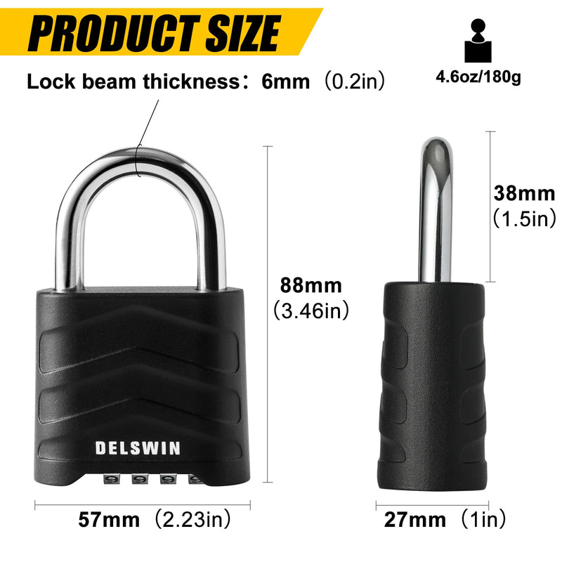 DELSWIN 3 Pack Large Combination Padlock - 4 Digit Resettable Combo Lock with Hardened Steel Shackle, Security Aluminum Body, Weatherproof Combination Lock for Gym Locker, Gate, Shed, Fence, School Black, 3 Pack