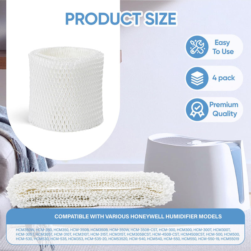 4 Pack HAC-504 Humidifier Wicking Filter Compatible with Honeywell HCM-350,HCM-300T, HCM-600, HCM-710, HCM-315T,HAC-504 and HAC-504AW Cool Mist Humidifiers, Replacement Filter A 4 Pack-White