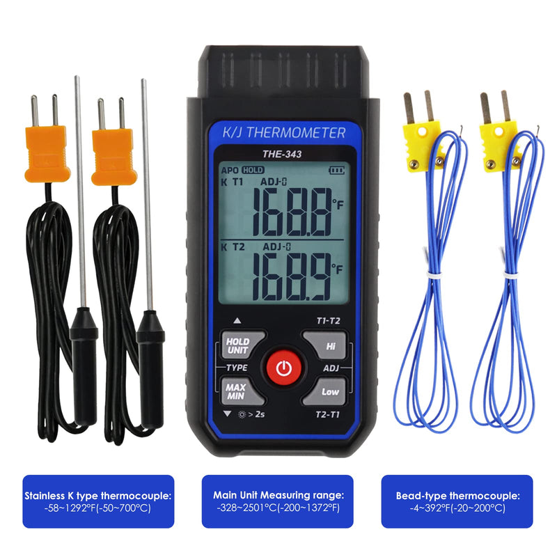 Thermocouple Thermometer Digital K Type Thermometer with 4 Thermocouples, -328~2500℉ Measuring Range HVAC Thermometer Dual Channels Temperature Meter Gauge with LED Backlight & ADJ Compensation 2 Channels Thermometer