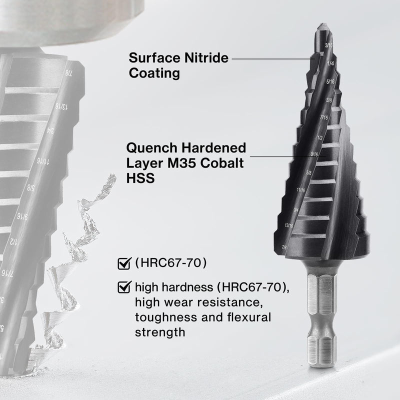 Lytool 3-Piece M35 Cobalt Step Drill Bit Set, 34 Sizes 1/8"-7/8" Unibit Bits, 4 Spiral Flute 1/4" Hex Shank for Sheet Metal, Stainless Steel, Aluminum, Wood, Plastic