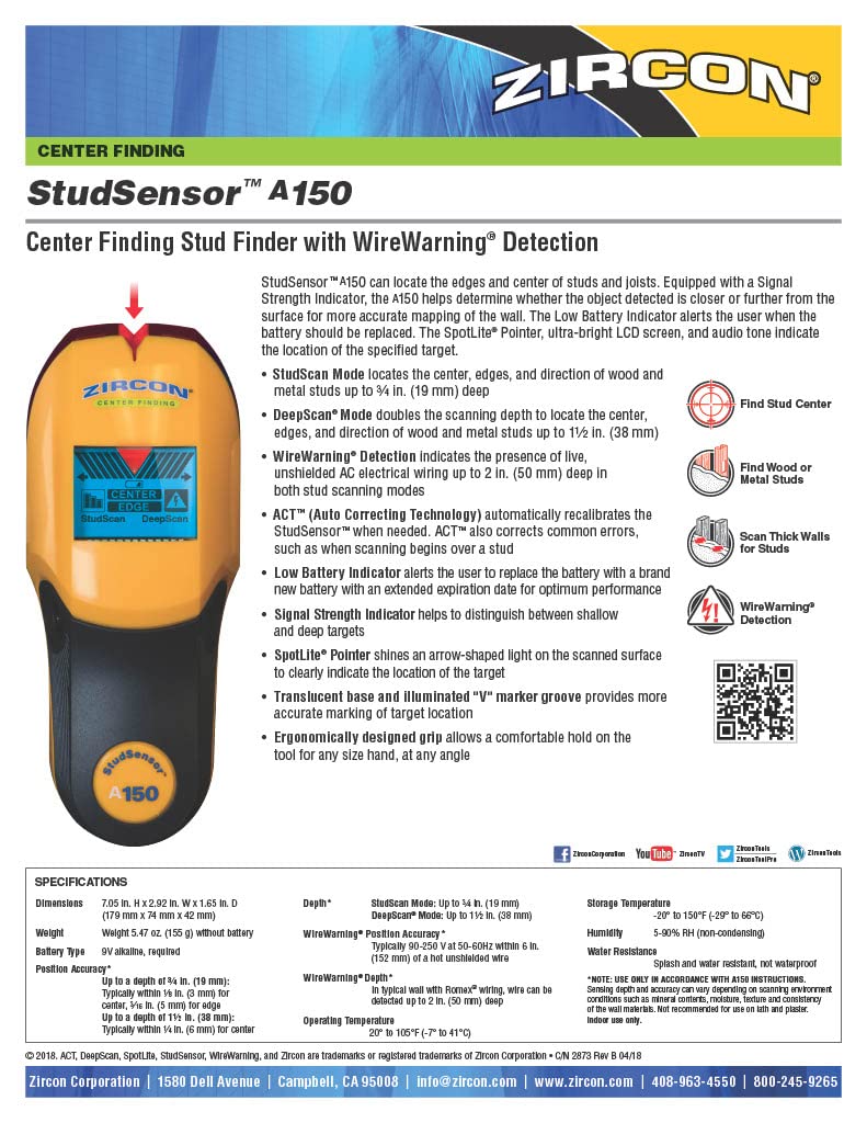 Zircon StudSensor A150 Wall Scanner and Center/Edge Locating Stud Finder with WireWarning Detection and Signal Strength Indicator, Center Finding