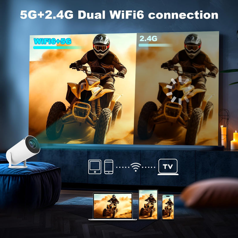 Mini Projector, Support 4K 1080P Portable Projector with Dual Band WIFI6 5G Wireless 5.2 Bluetooth Android 11, 200 ANSI Lumens, 180° Rotatable, Auto Keystone Correction,35"-130" Screen Video Projector HY300PRO