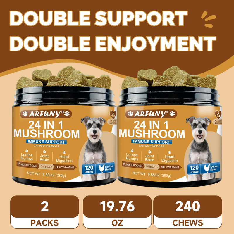 2-Pack Mushroom Supplement for Dogs - Turkey Tail Mushroom for Dogs Lumps, Bumps, Gut, Skin, Joint, Immune Health - 13 Organic Mushrooms Turkey Tail, Reishi, Lions Mane, Glucosamine, MSM, Vitamins 2 Packs